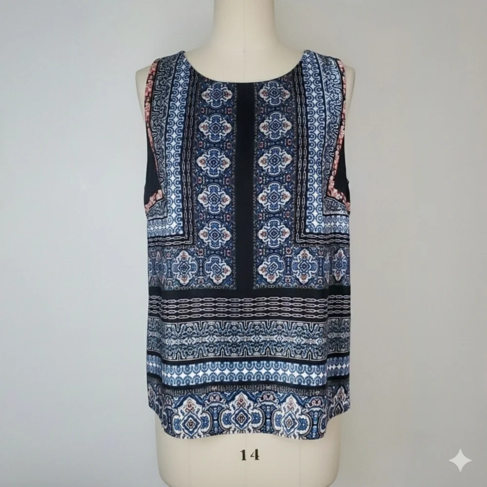 ReneeC. Size L Cami Top Blouse Sleeveless Tank Handkerchief Mandala Boho Blue